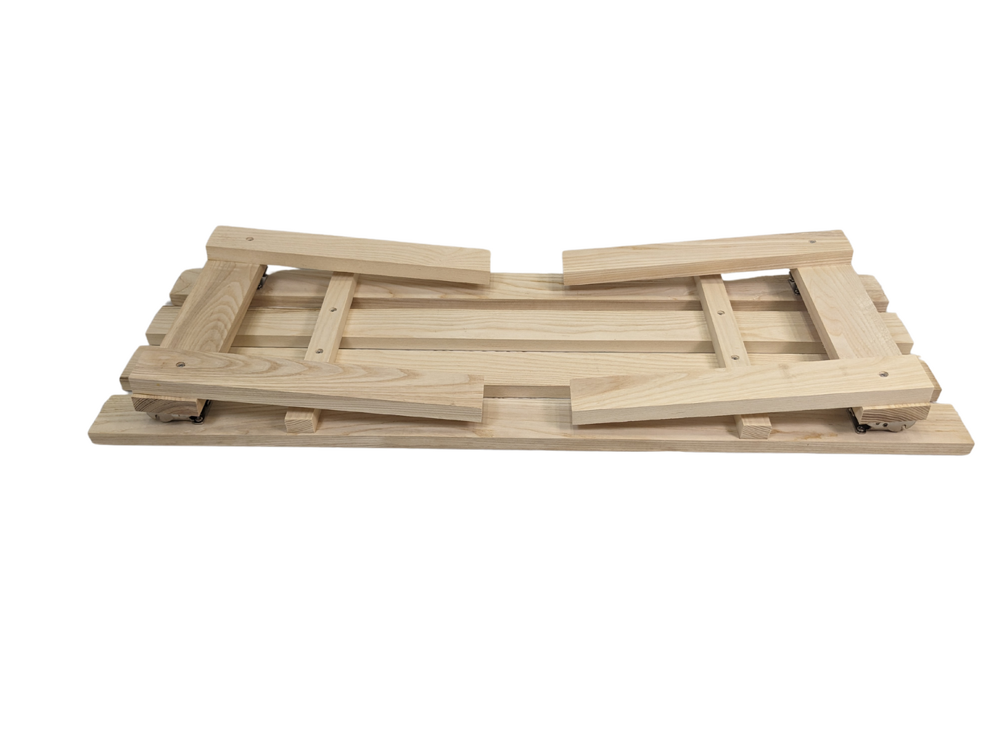 Folded portable wood sauna bench with high and low seating.
