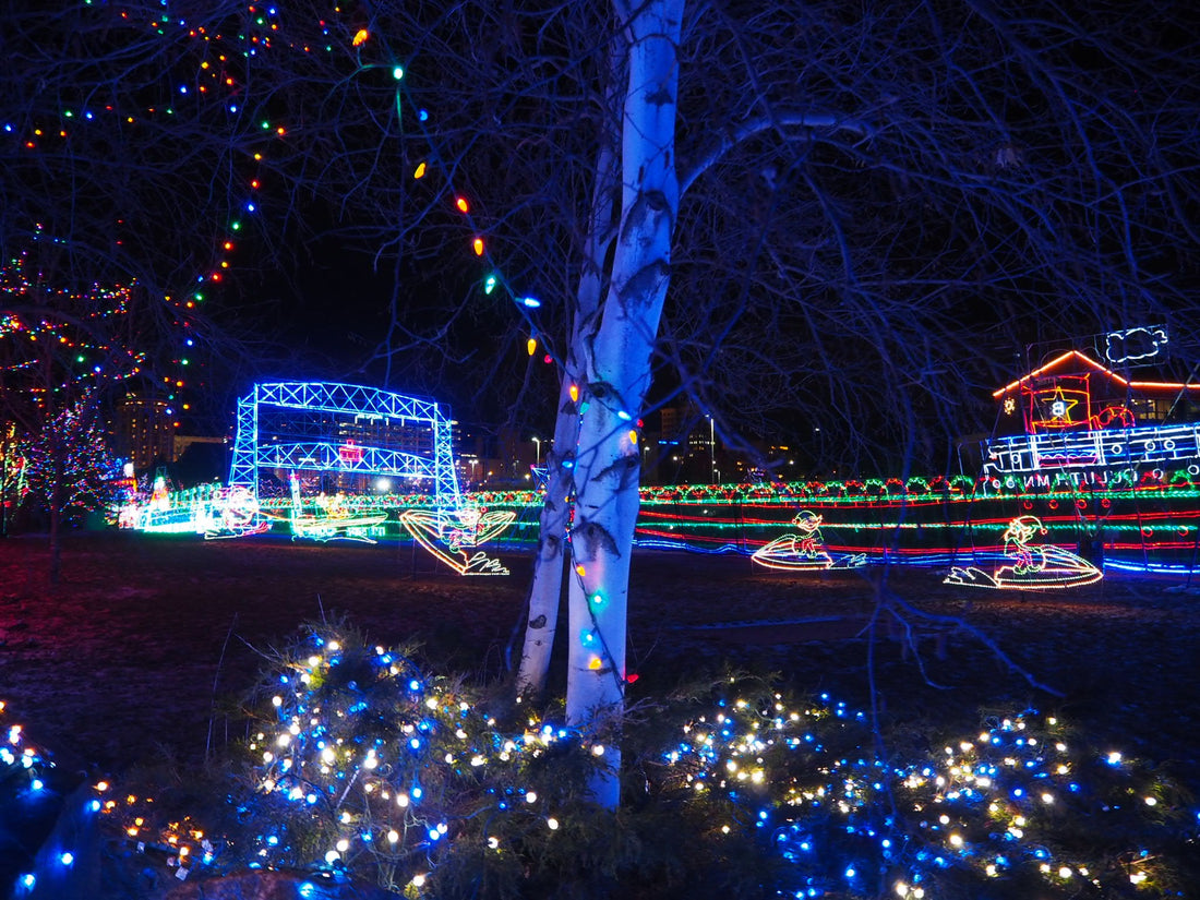 Holiday lights over the lift bridge at Bentleyville in Duluth Minnesota