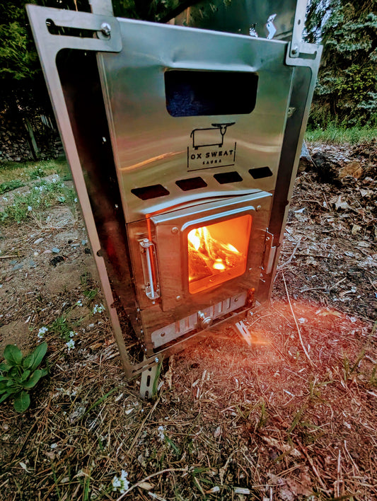 Portable sauna tent stove seasoning outside 