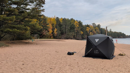 Sauna on a beach in the Fall with cold water ready for Cold plunge