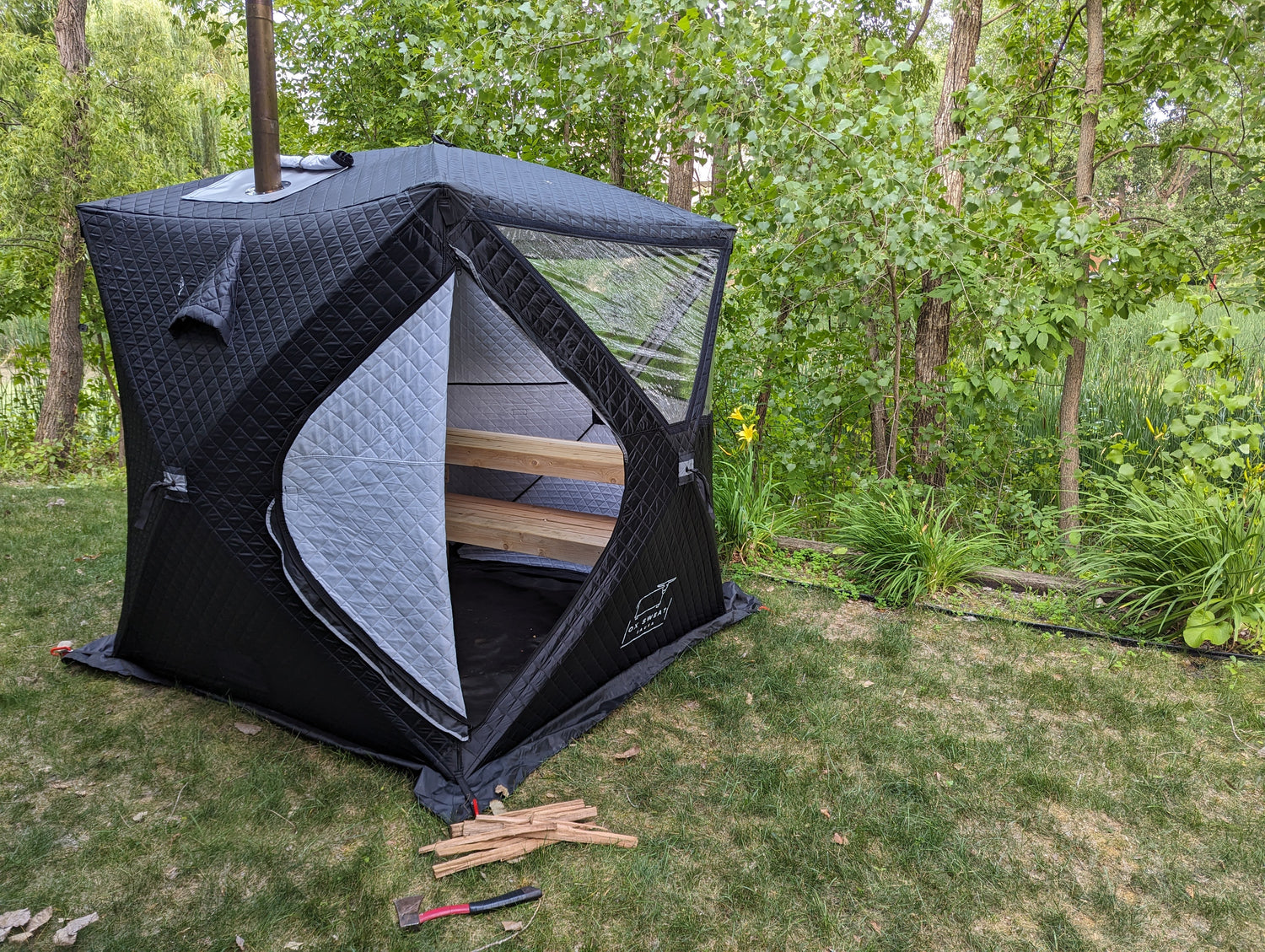 Sauna tent with door open