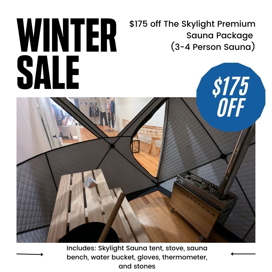 Advertisement for a winter sale on a Skylight Premium Sauna Package with pricing and product list.