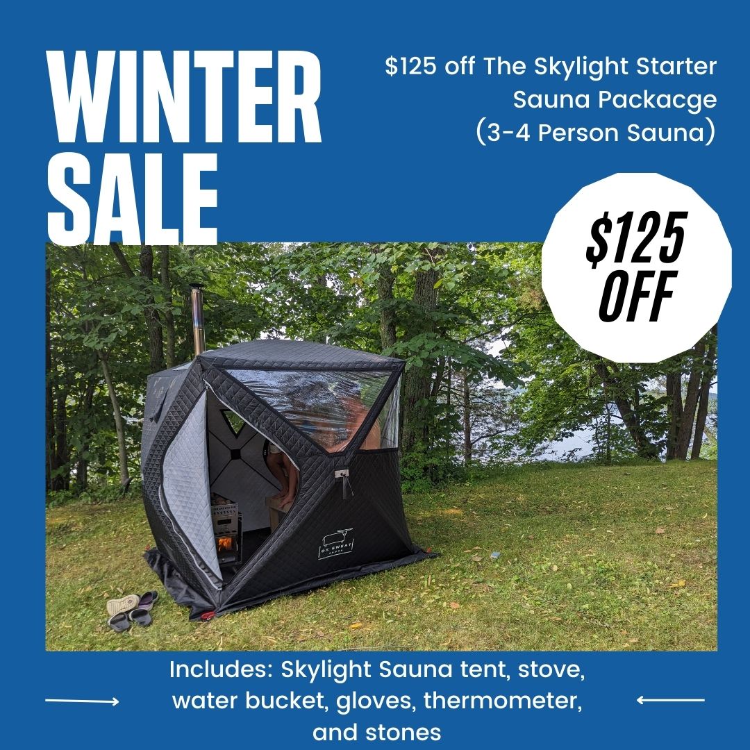 Skylight sauna tent with promotional text for a winter sale on a blue background