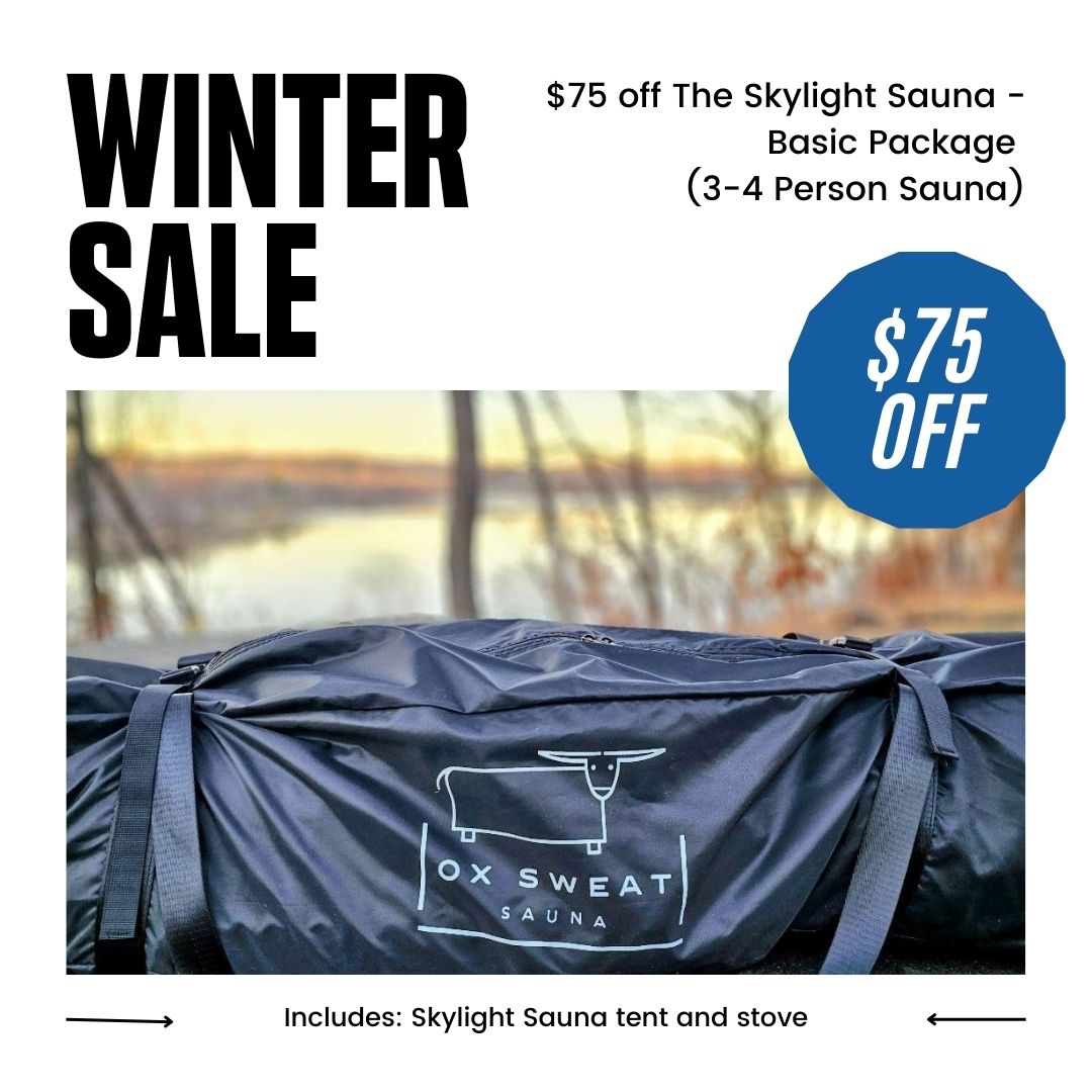 Advertisement for a winter sale on a Skylight Sauna with a covered sauna tent and promotional text.