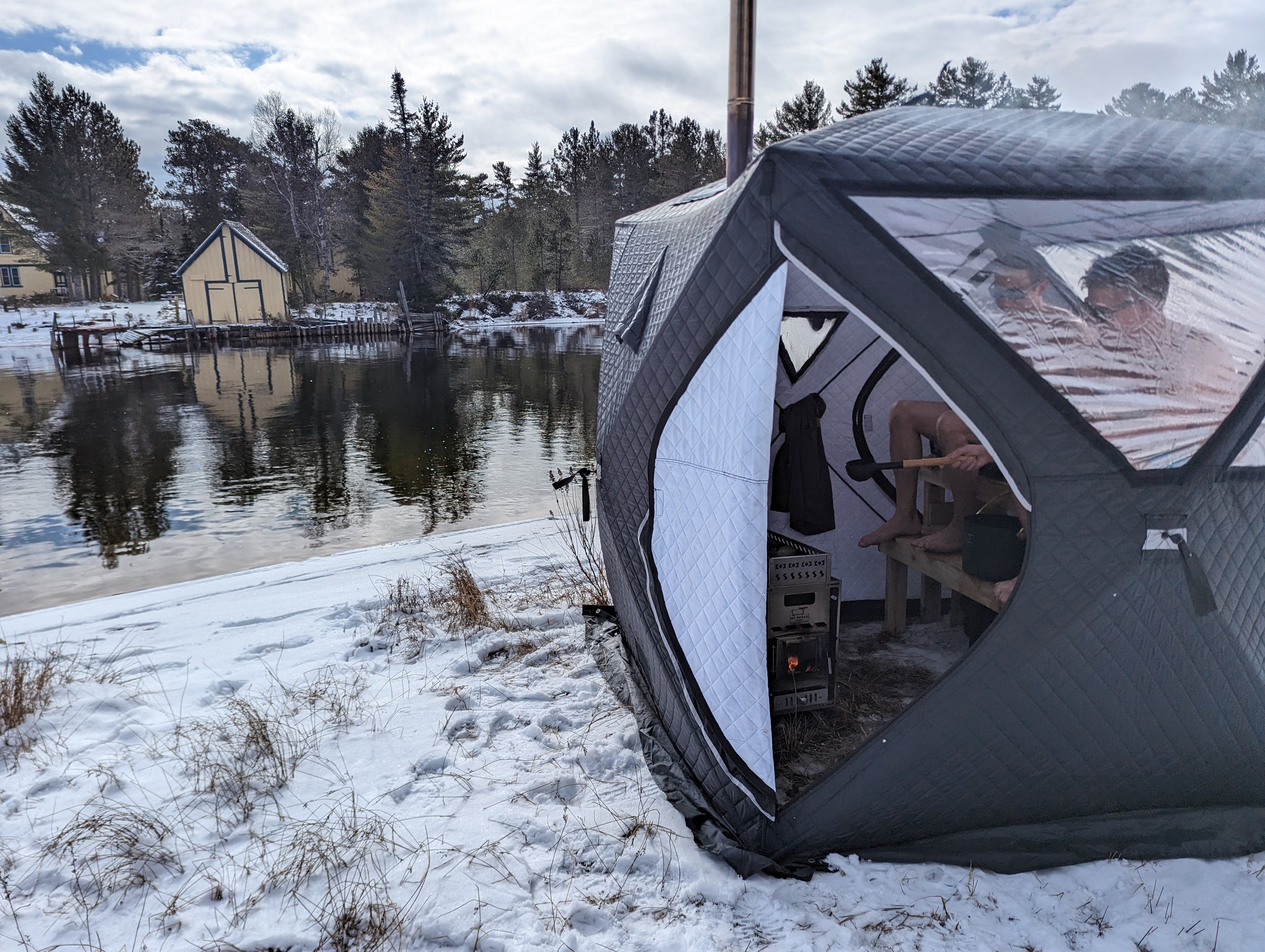 Sauna tent before a cold plunge into Lake Superior . 